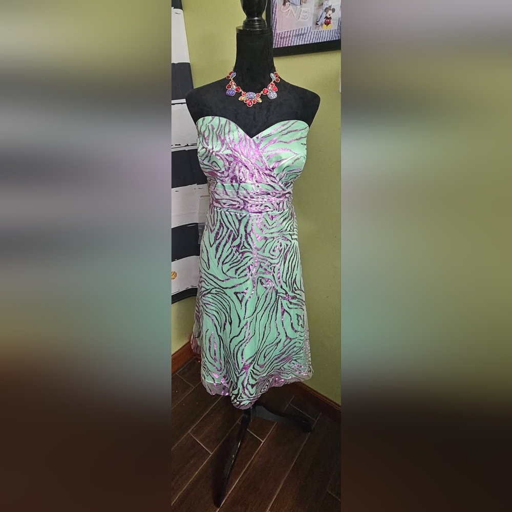 Sydney's Clpset Mint and Purple Zebra Print Strapless Dress